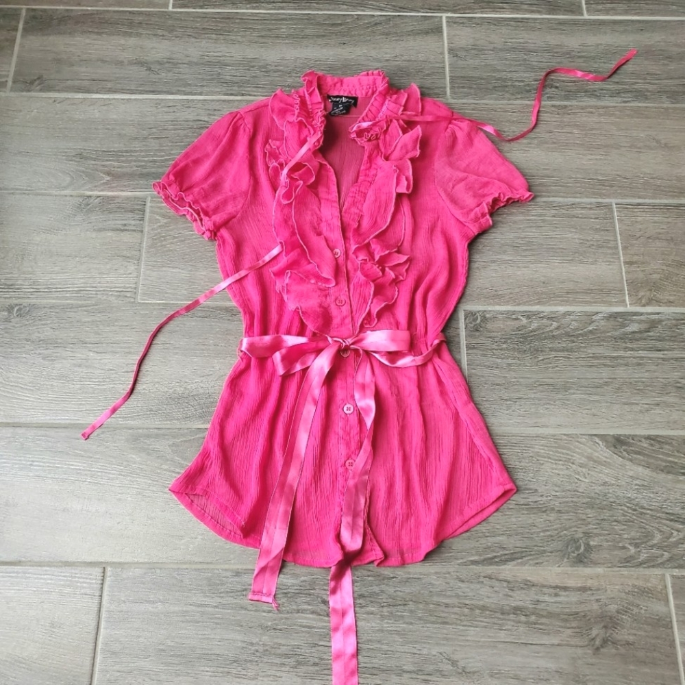 NWOT Dizzy Lizzy Fuchsia Pink Sheer Tie Neck Top w/ Ruffles & Ribbons